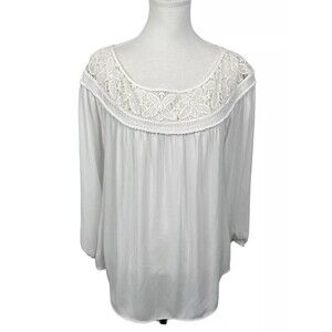 Avenue Blouse Women’s Plus Size 14/16 White Semi Sheer Floral Lace Neckline Top